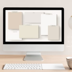 Puede incluir: Una pantalla de ordenador que muestra un organizador de escritorio digital con seis notas adhesivas etiquetadas como "En curso", "Varios", "Trabajo", "Por hacer", "Completado" y "Personal".