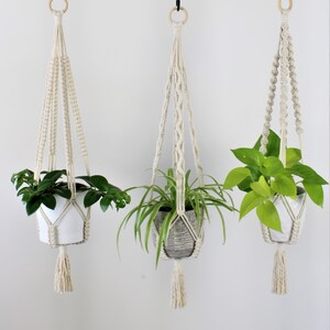 May include: Three macrame plant hangers with wooden rings and tassels hanging from a white rod. Each hanger holds a potted plant with green leaves.