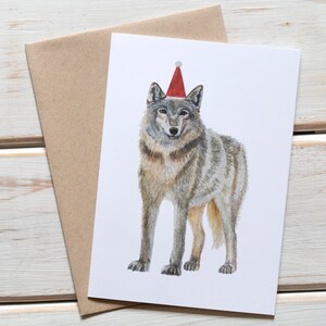 Cappello da Babbo Natale Lupo Acquerello Arte. Divertente Biglietto di Natale. Stampa di Lupo. Cappello da Babbo Natale Animale Domestico. Biglietti di auguri. Biglietti di auguri vuoti.