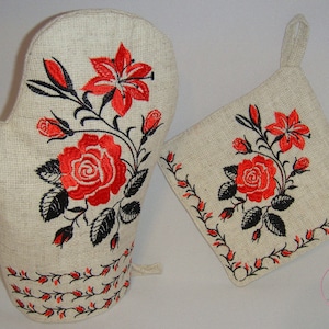 Guante de horno, agarradera de cocina con adorno ucraniano popular floral, guante de horno decorativo con bordado a máquina