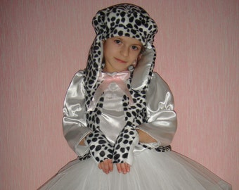 Dalmatian infant halloween costume for girl. Beret with sewn-on Dalmatian ears and a tutu skirt with a tail