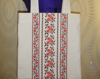Ukrainian cotton tote bag with cross embroidered folk ornament roses, original Ukraine gift