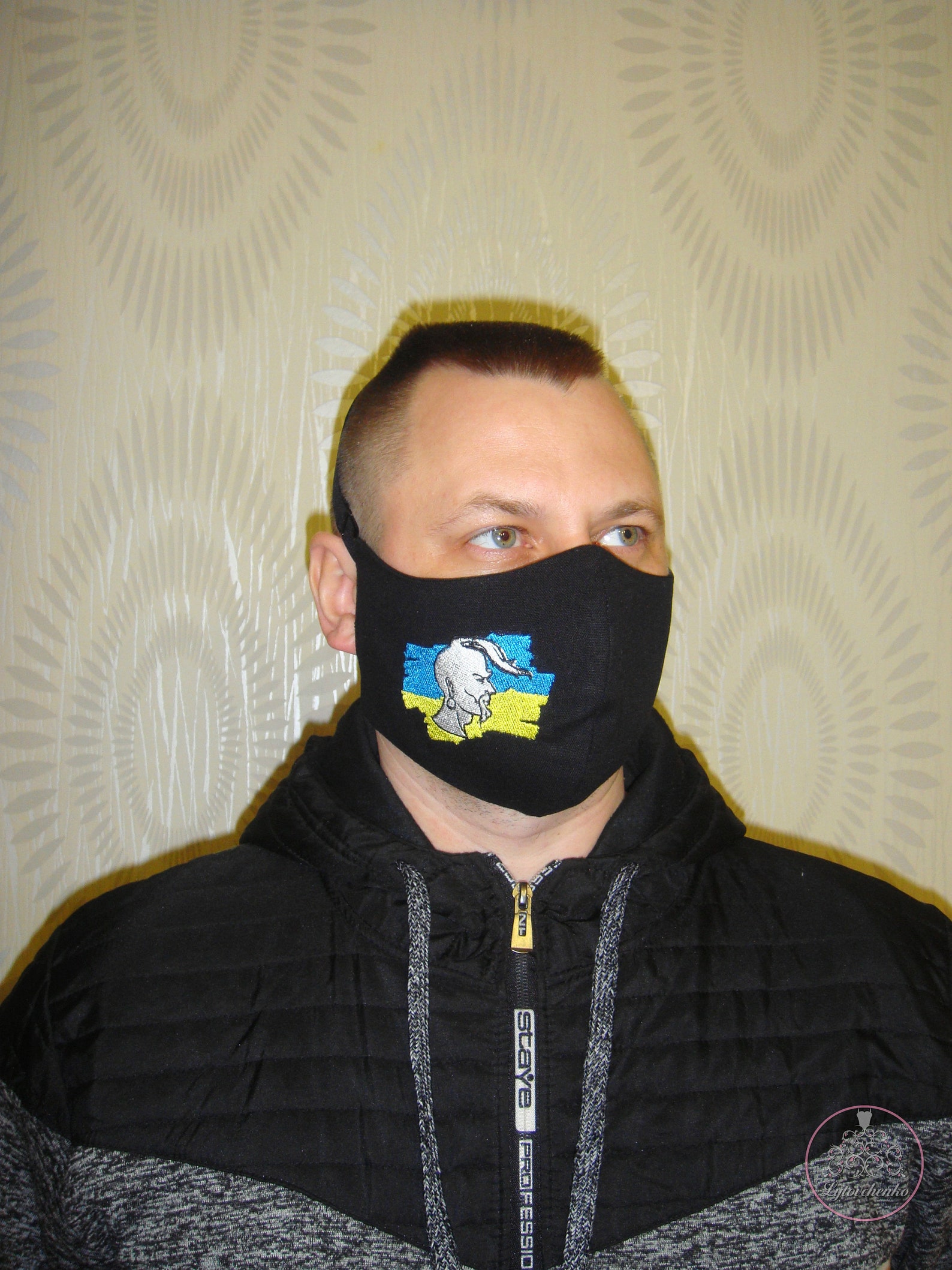 Ukrainian Linen Black Face Mask With Embroidered Cossack and the Flag of Ukraine for a Man