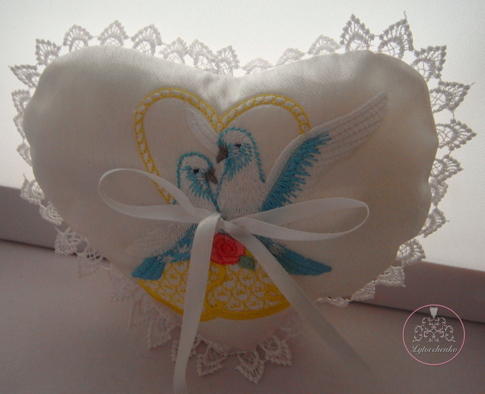 White ring holder pillow with embroidered Wedding Doves Etsy