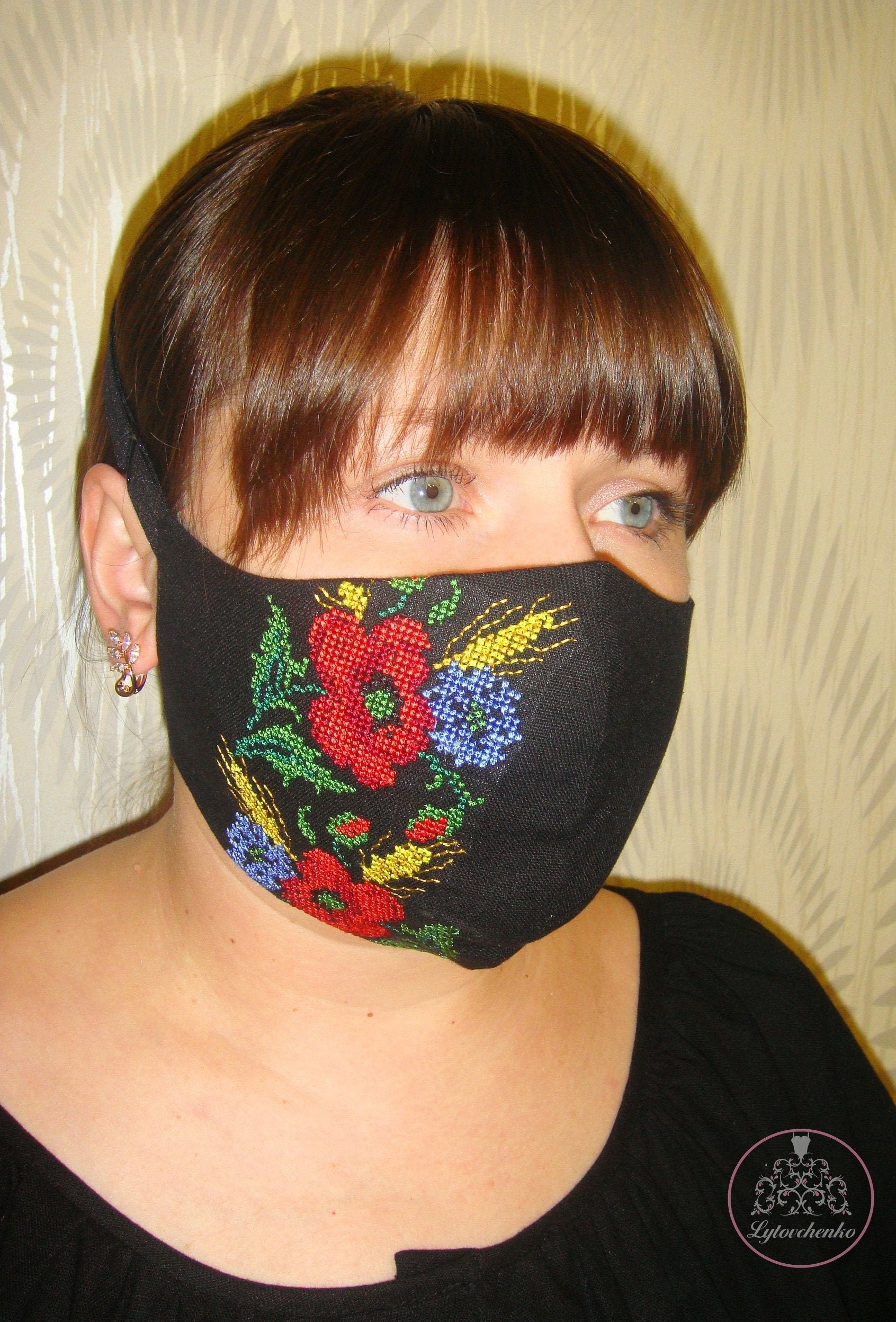 Washable Reusable Ukrainian Face Mask With Embroidered Poppies and Cornflower for a Women. Linen