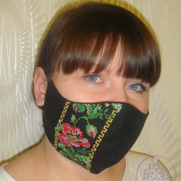 Linen black Face mask with embroidered poppies folk Ukrainian Cross Pattern for a women reusable Ukrainian Face mask