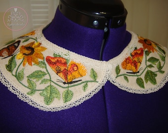 Removable beige linen collar with embroidered butterflies and sunflowers. Detachable floral women collar.