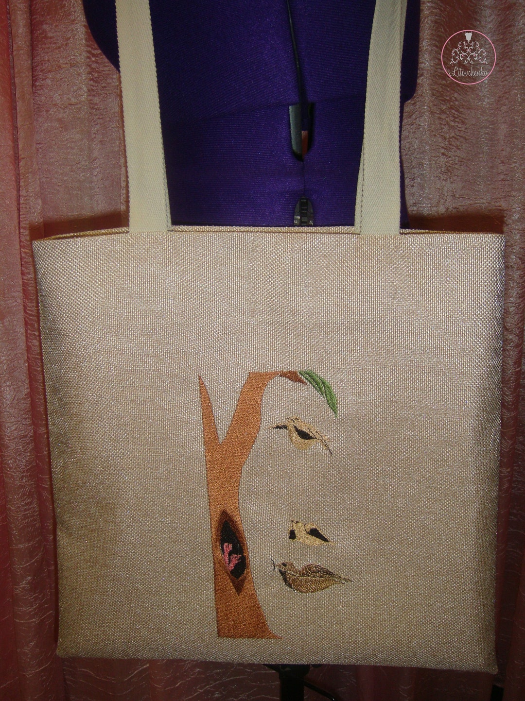 Beige - Bird Hand Embroidered Cotton Hand Bag