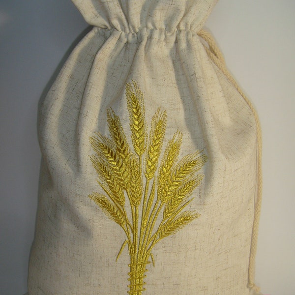 Reusable drawstring double layer linen fabric bread bag with embroidered wheat bundle.