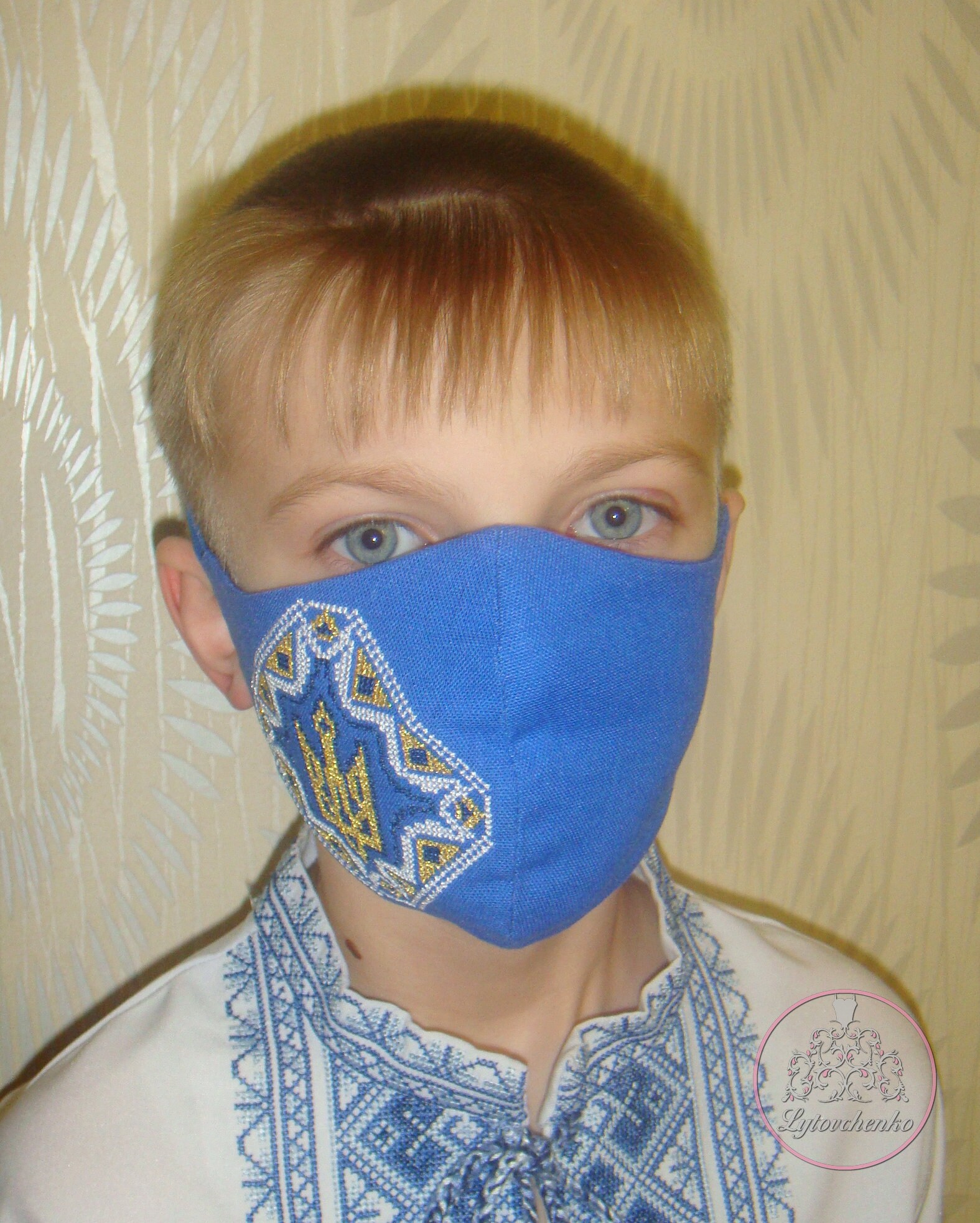 Linen Blue Face Mask With Embroidered Ukrainian Tryzub for a Etsy