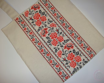 Cotton shopping bag with cross embroidered folk ukrainian ornament roses, original Ukraine gift