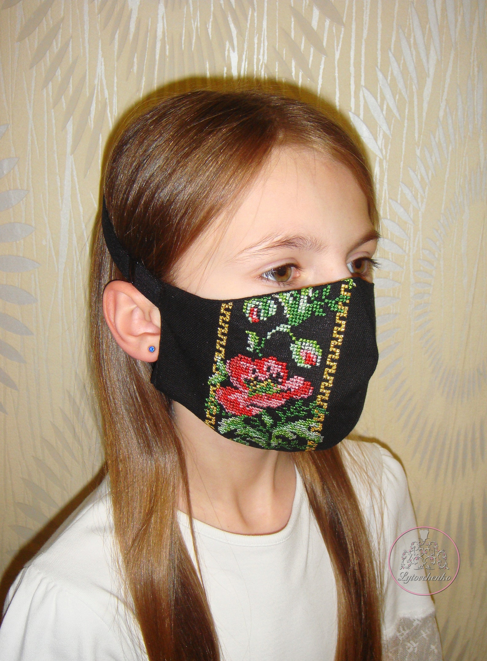 Linen Black Face Mask With Embroidered Poppies Ukrainian Cross Pattern