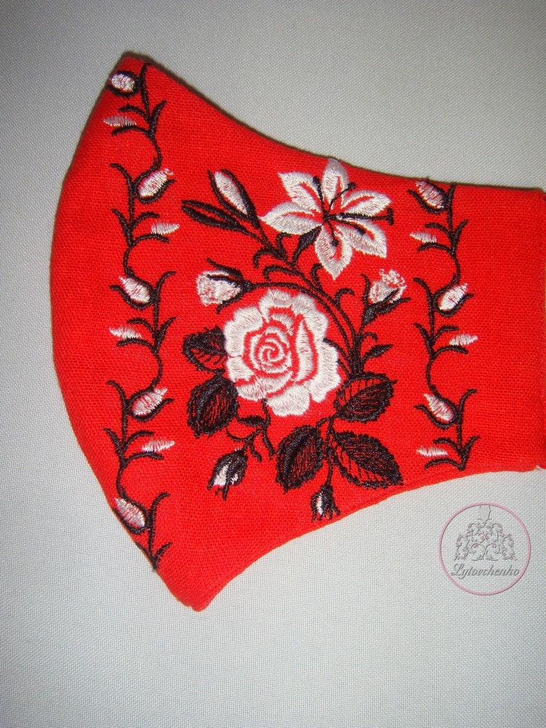 Linen Red Face Mask With Embroidered Roses for a Women. Washable ...