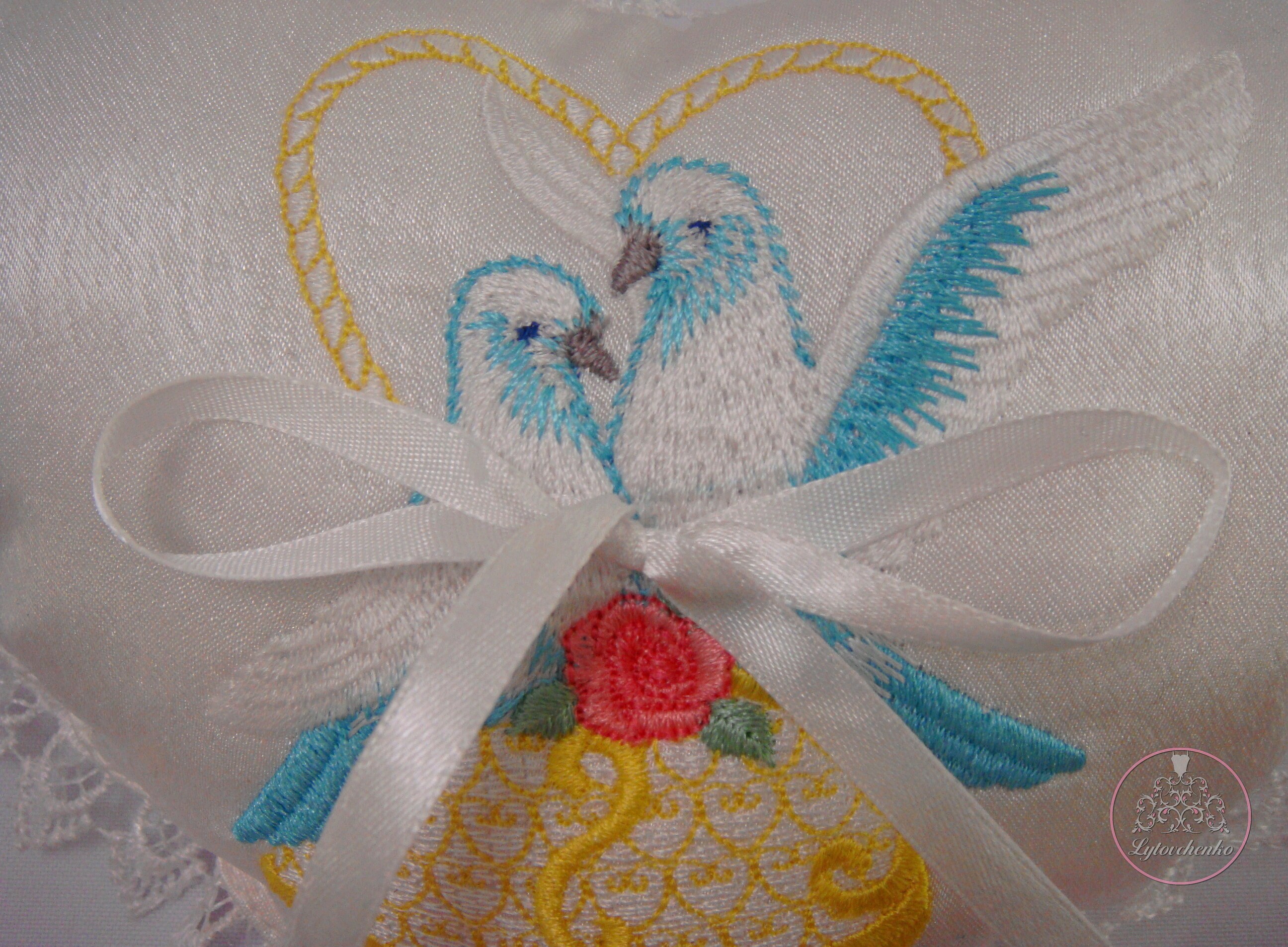 White ring holder pillow with embroidered Wedding Doves Etsy