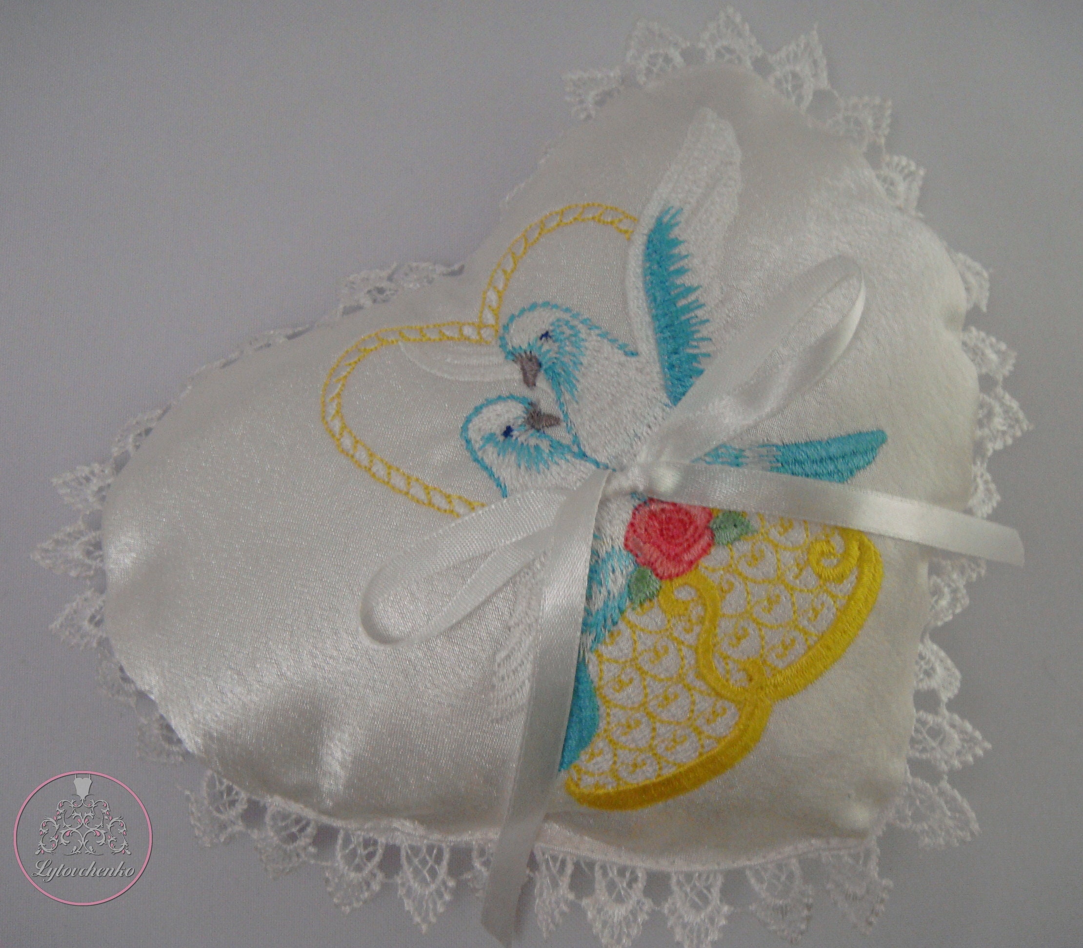 White ring holder pillow with embroidered Wedding Doves Etsy