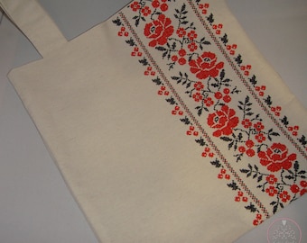 Ukrainian cotton tote bag with cross embroidered folk ornament roses and viburnum, original Ukraine gift