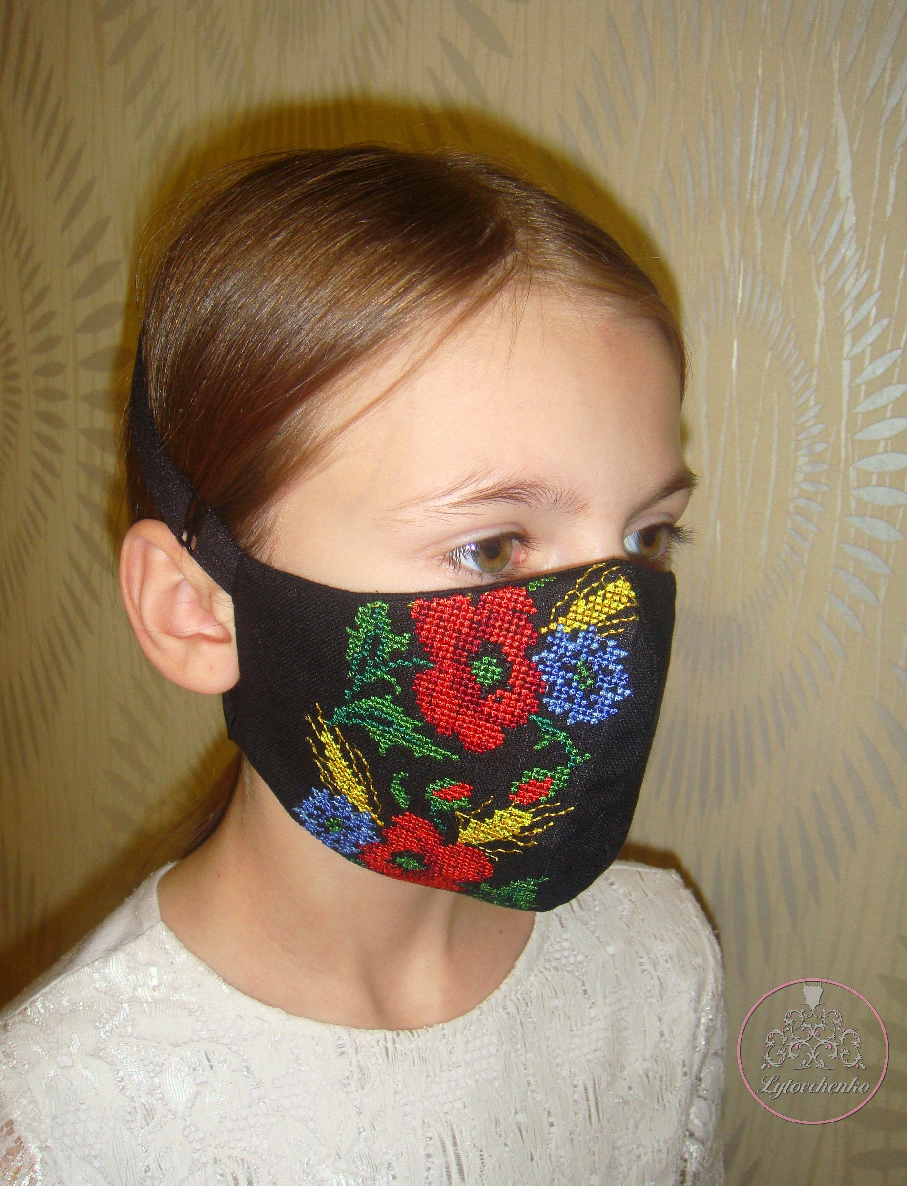 Washable Reusable Ukrainian Face Mask With Embroidered Poppies and Cornflower for a Girl. Linen
