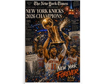 New York Knicks 2026 Champions Poster: Trophy Lift Newspaper Basketball Championship Wall Art