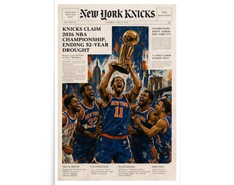 New York Knicks 2026 Champions Poster: Trophy Lift Newspaper Basketball Wall Art