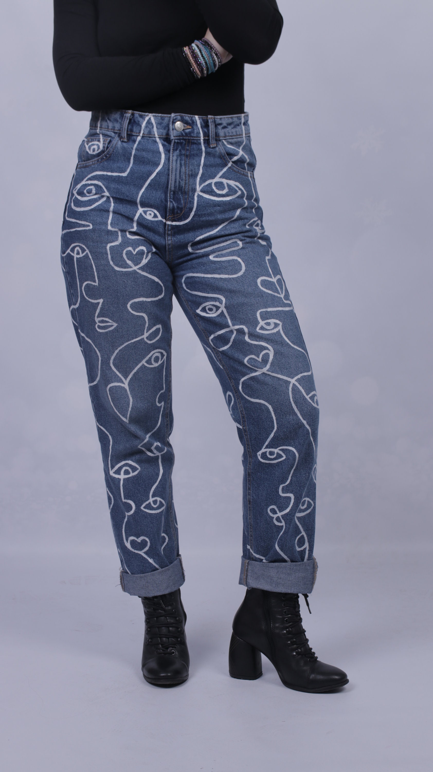 Custom Handpainted Jeans White Faces 