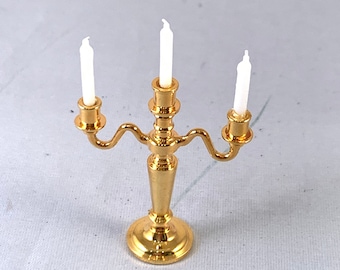 Dolls House Miniature Tableware 3-Arm Candelabra White Candles Gold Decor