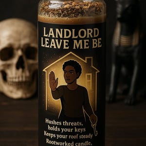 May include: A lit candle in a glass jar with a black label. The label reads "LANDLORD LEAVE ME BE" with an illustration of a person and a house. The candle has a brown wax base and a dried herb topping.