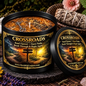 May include: A black candle tin with a label featuring a forest crossroads at sunset and the text CROSSROADS Road Opener | Open Paths Break Through & Begin Again. The wax surface contains a metal key, dried herbs, and a single white wick.