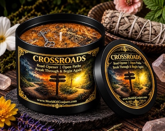 Könnte beinhalten: Eine schwarze Kerzendose mit einem Etikett, das eine Waldkreuzung bei Sonnenuntergang und den Text CROSSROADS Road Opener | Open Paths Break Through & Begin Again zeigt. Die Wachsoberfläche enthält einen Metallschlüssel, Kräuter und einen Docht.