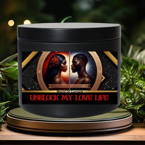 May include: Black candle jar with a gold and black label. The label features a stylized image of a couple with the text "World of Conjure Unlock My Love Life".