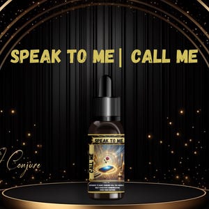 May include: A black glass bottle with a gold label that says "Speak to Me" and "Call Me". The bottle is on a gold platform with a black background.