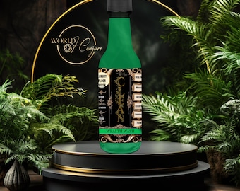 May include: A green glass bottle with a black label that says "CLEAN" in gold lettering. The label also says "Luxury Floor Wash" and "Wealth Wash". The bottle is on a black and gold platform.