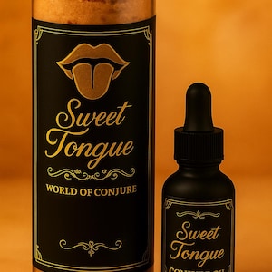 May include: A tall glass candle and a small bottle of conjure oil. Both have black labels with gold text that reads "Sweet Tongue" and a graphic of lips and a tongue. The candle is lit, and the oil bottle has a dropper.