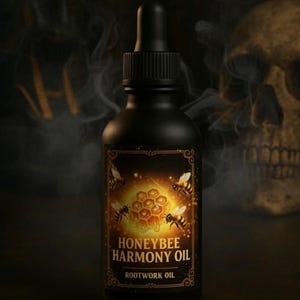 May include: A black bottle of Honeybee Harmony Oil with a label featuring bees and a honeycomb design. The label also includes the text "Rootwork Oil". The image includes the text "Resilience | Harmony Oil | Peace | Unity | Balance | Rootwork Oil".