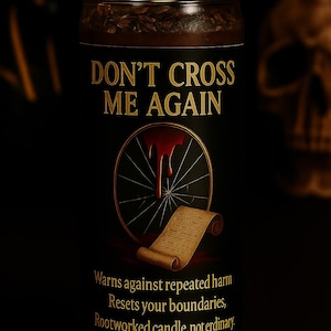 May include: A black candle with a lit flame. The candle has gold text that reads "DON'T CROSS ME AGAIN." A graphic of a wheel with a blood drip and a scroll are also featured. The text below says "Warns against repeated harm."