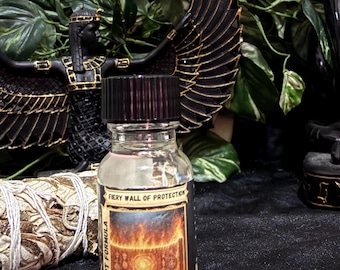 May include: A clear glass bottle with a black cap featuring a label that reads Fiery Wall of Protection, Hot Formula, and Use for Extreme Protection. The label displays an illustration of a glowing orb centered within a wall of flames.