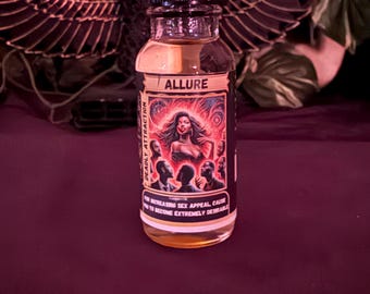 May include: A small clear glass bottle with a black cap containing a golden liquid. The label features the text ALLURE, DEADLY ATTRACTION, and FOR INCREASING SEX APPEAL, CAUSE YOU TO BECOME EXTREMELY DESIRABLE, with an illustration of a woman and men.