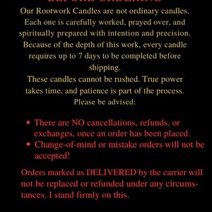 May include: Black background with yellow exclamation point symbols and red text. The text reads "IMPORTANT NOTICE BEFORE ORDERING" and details about Rootwork Candles, including no refunds or exchanges.