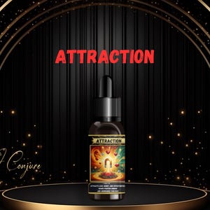 May include: A black bottle with a gold label that says "Attraction" on it. The bottle is on a black and gold platform with a black background. The text "World of Conjure" is in the lower left corner of the image.