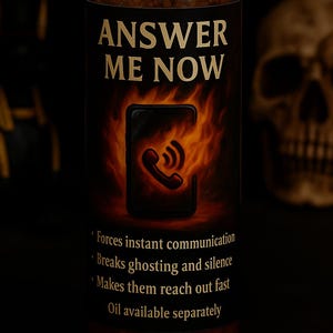 May include: A tall cylindrical glass candle with a lit wick, featuring a black label with the text ANSWER ME NOW, a graphic of a flaming smartphone, and the phrases Forces instant communication, Breaks ghosting and silence, Makes them reach out fast, and Oil available separately.