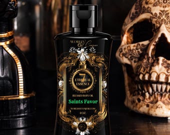 May include: A black plastic bottle of 118 ml blessed body oil labelled World of Conjure Ethereal Essence Saints Favor. The label features ornate gold filigree, white floral accents, and a central circular emblem with the number 7 and text.