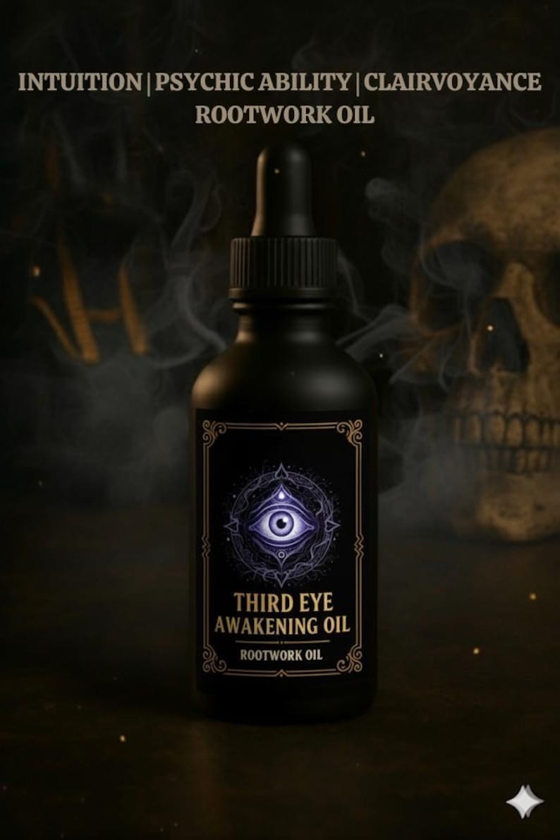 K&ouml;nnte beinhalten: Eine schwarze Flasche "Third Eye Awakening Oil" mit einer Pipette. Das Etikett zeigt ein stilisiertes Augendesign in Lila und Wei&szlig;. Der Text "Intuition | Psychische F&auml;higkeit | Hellsehen Rootwork Oil" steht oben.