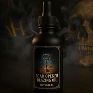 May include: A black glass bottle of Road Opener Blazing Oil with a key design on the label. The label also includes the text "Clear Obstacles | Pathfinder | Fortune Rootwork Oil". The background features a skull and smoky effects.