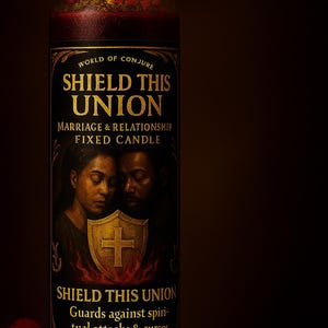 May include: A lit pillar candle in a dark glass container with a label reading World of Conjure SHIELD THIS UNION MARRIAGE & RELATIONSHIP FIXED CANDLE. The label features an illustration of two people and a gold shield with a cross.
