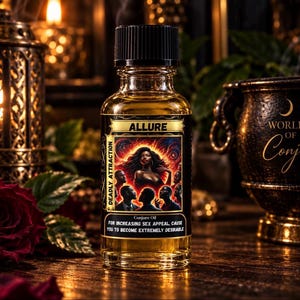 May include: A clear glass bottle filled with golden liquid, featuring a black cap and a label with the text ALLURE, DEADLY ATTRACTION, and WORLD OF CONJURE. The label displays an illustration of a person surrounded by others against a fiery background.