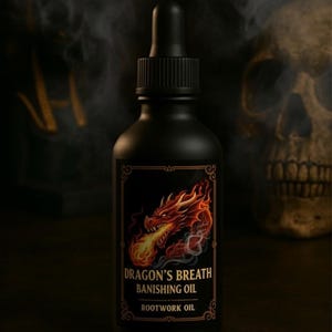 May include: A black glass bottle of Dragon's Breath Banishing Oil with a dropper. The label features a red and orange dragon illustration. Text on the label reads "EXPEL | BREAK HEXES | CLEAR TRACES ROOTWORK OIL". A skull is visible in the background.