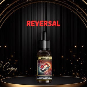 May include: A black bottle with a gold label that says "REVERSAL" on it. The bottle is on a black and gold platform. The background is black with gold circles.