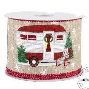 Camper Holiday Glittered Linen Wired Ribbon #40 - 2.5&quot;