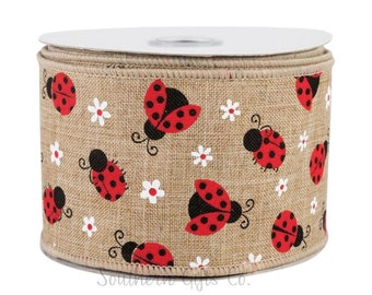 Ladybug Natural Linen Wired Ribbon #40 - 2.5”