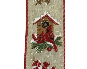 Cardinal Birdhouse Glittered Wired Ribbon - #40