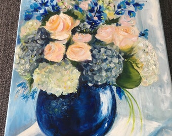 青い花瓶とカラフルな花　油絵　1996年 3bfcb114d6104d072782433c859b28